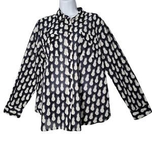 Talbots Petites LP Navy Blue White Pineapple Print Button Down Shirt 100% Cotton